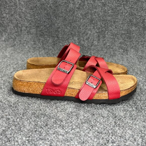 Birkenstock Birki's Nepal Sandals Womens Size 9 Red Leather Comfort Buckle Slide - Picture 1 of 11